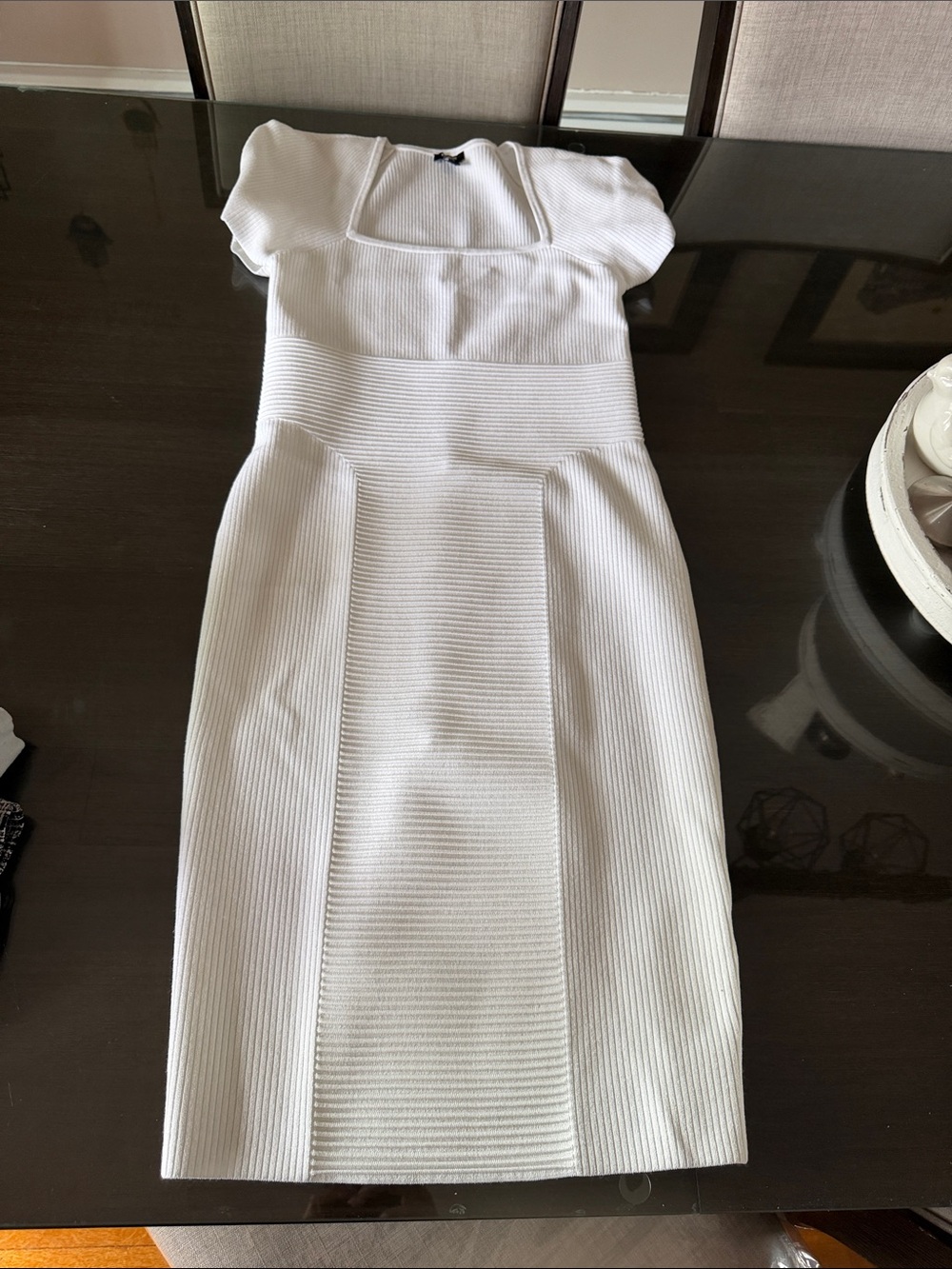 Express White Ribbed Square-Neck Midi Dress